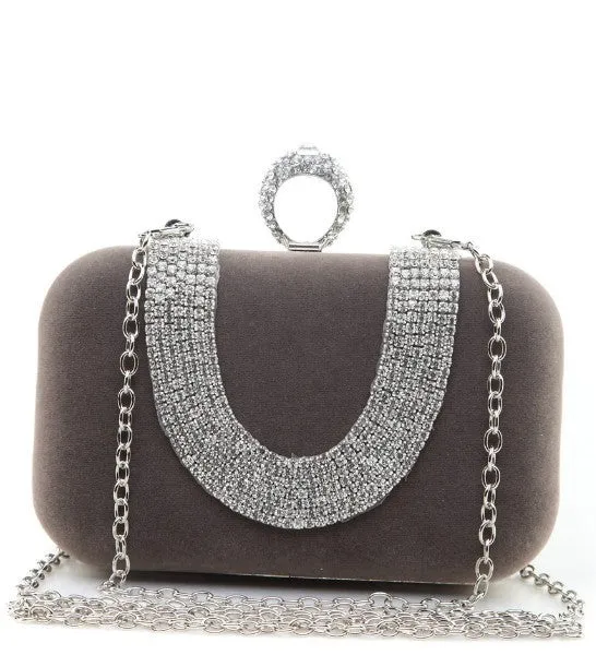 Bag Envy Grey Velour Diamante Ring Clutch Bag