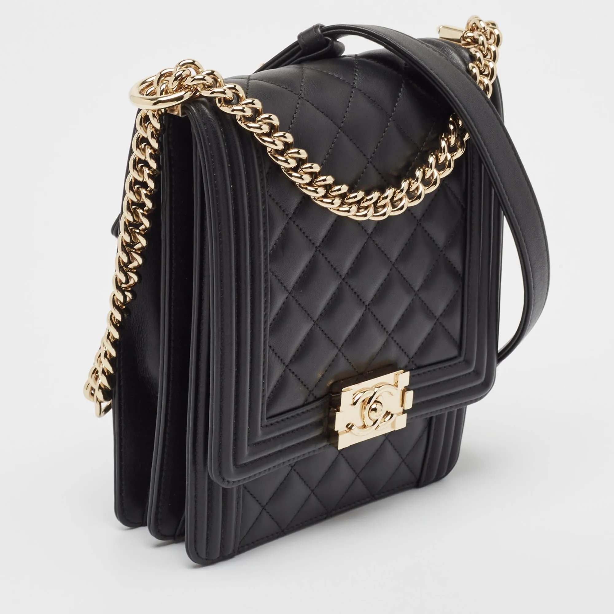 CHANEL Black Quilted Leather North South Boy Bag