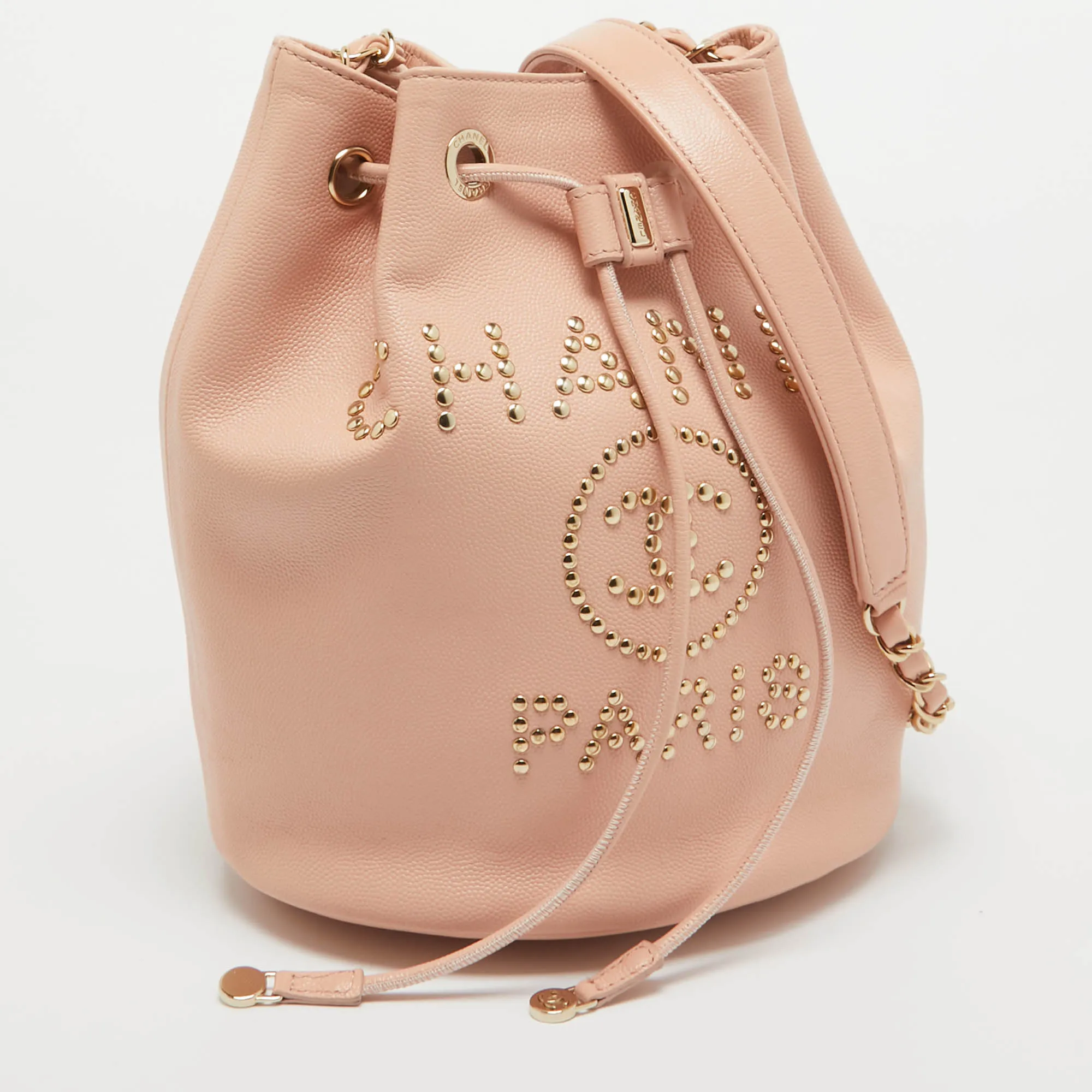 CHANEL Peach Leather Logo Studs Deauville Drawstring Bucket Bag