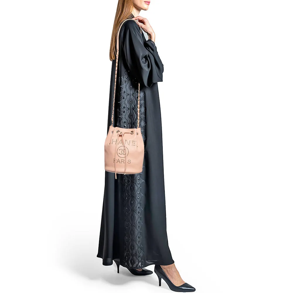 CHANEL Peach Leather Logo Studs Deauville Drawstring Bucket Bag