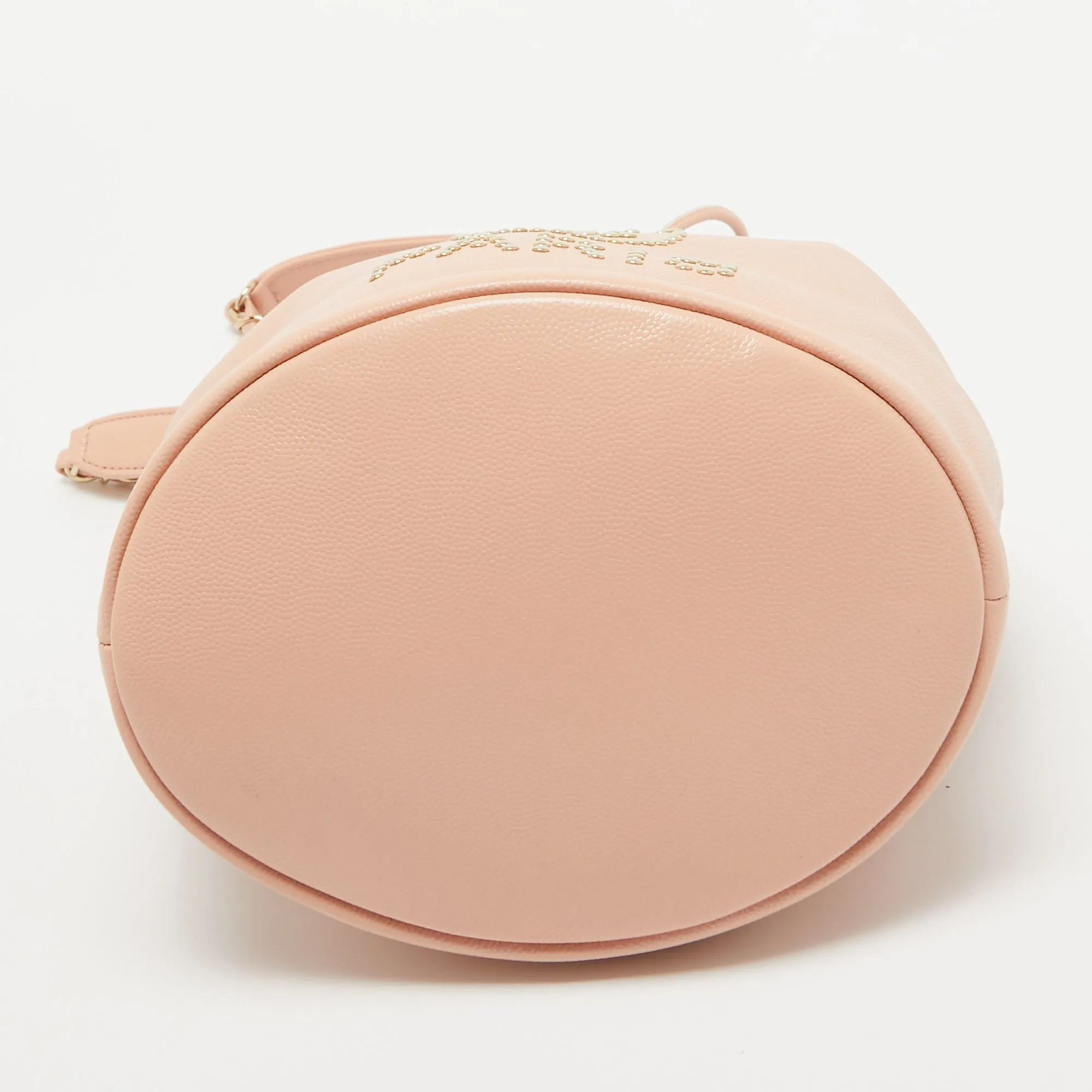 CHANEL Peach Leather Logo Studs Deauville Drawstring Bucket Bag