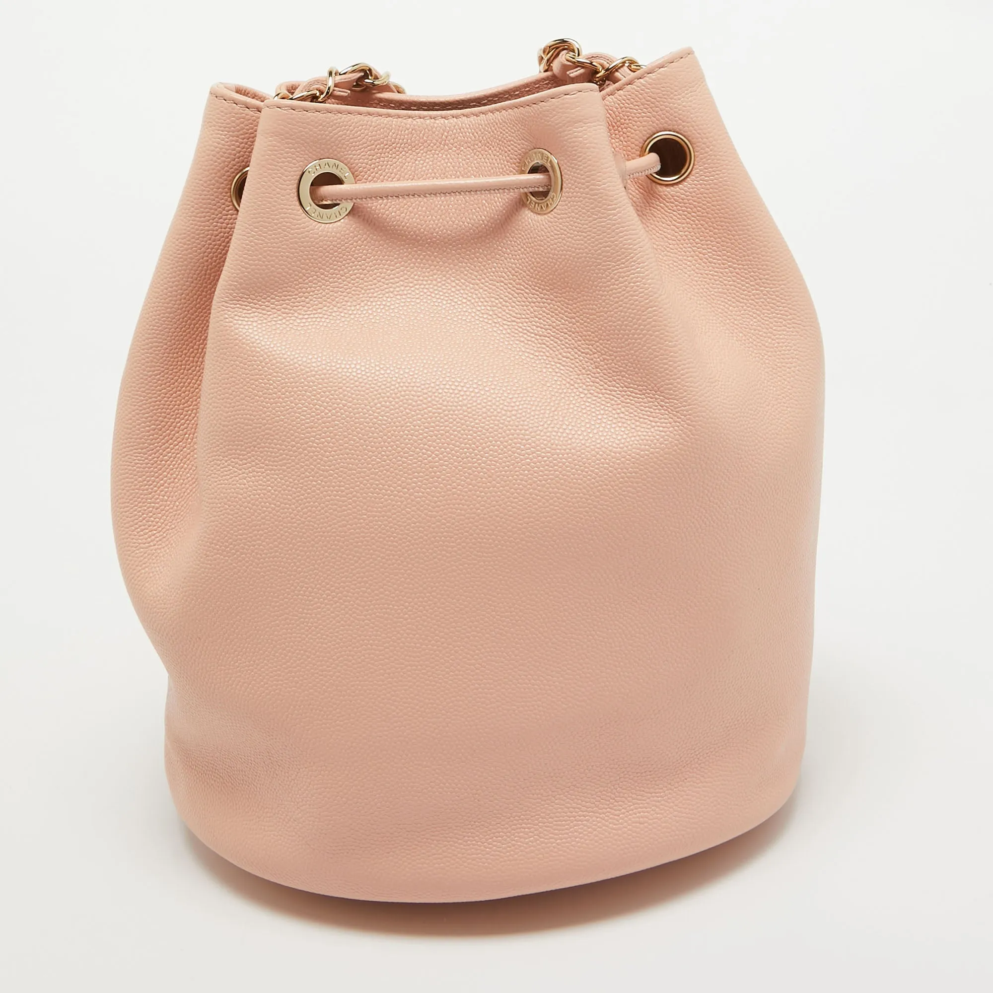 CHANEL Peach Leather Logo Studs Deauville Drawstring Bucket Bag