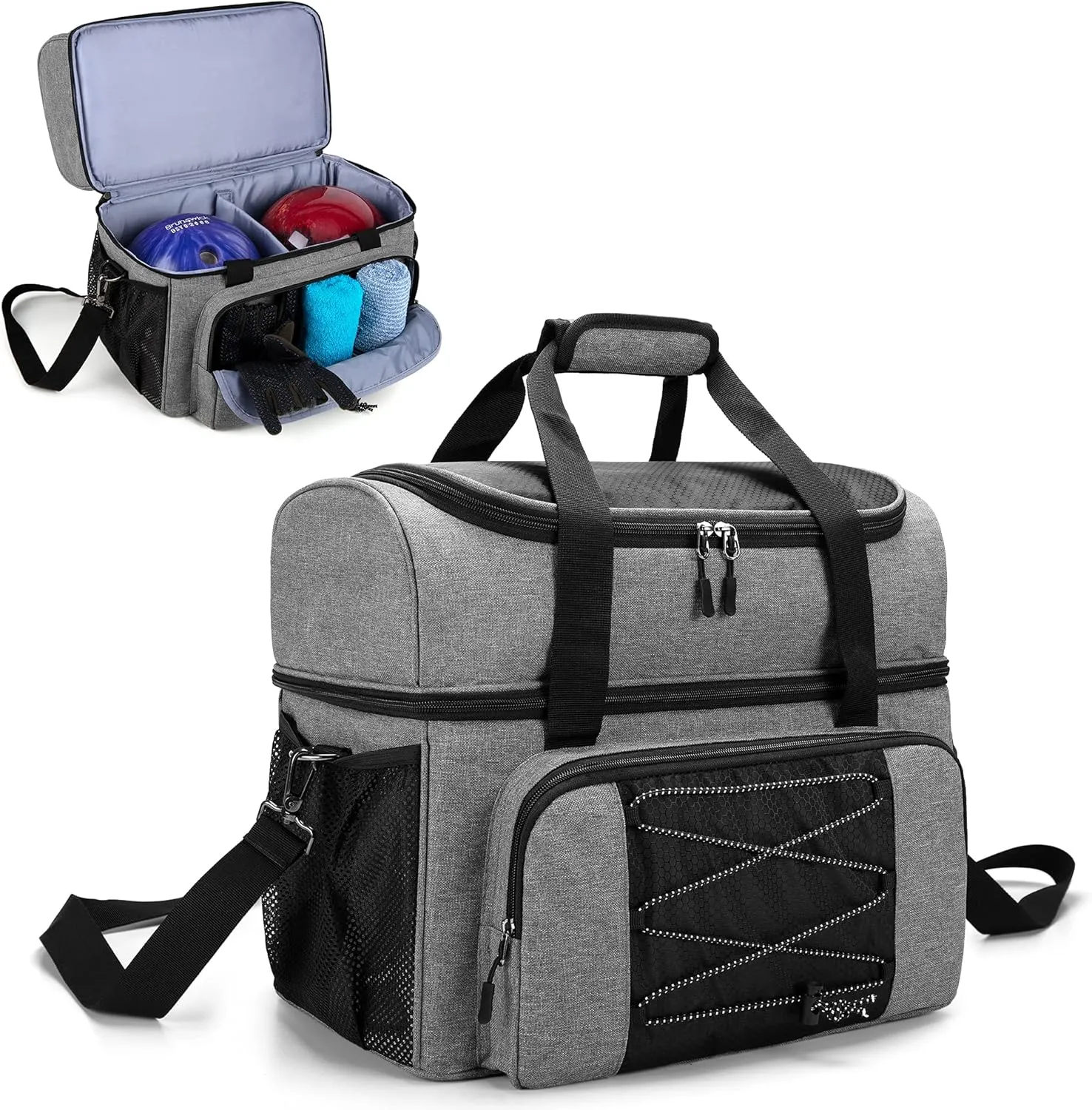 DSLEAF Bowling Bag for 2 Balls, Bowling Tote with Wooden Bowling Cups and Padded Divider for Double Ball and A Pair of Bowling Shoes Up to Mens 16 and Extra Essentials (Patent Design), Bag Only