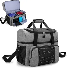 DSLEAF Bowling Bag for 2 Balls, Bowling Tote with Wooden Bowling Cups and Padded Divider for Double Ball and A Pair of Bowling Shoes Up to Mens 16 and Extra Essentials (Patent Design), Bag Only