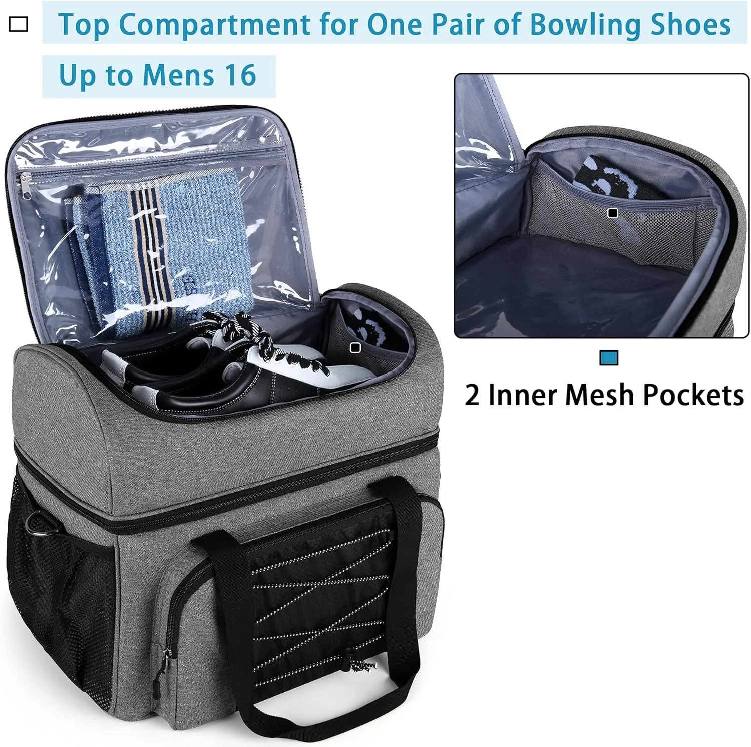 DSLEAF Bowling Bag for 2 Balls, Bowling Tote with Wooden Bowling Cups and Padded Divider for Double Ball and A Pair of Bowling Shoes Up to Mens 16 and Extra Essentials (Patent Design), Bag Only