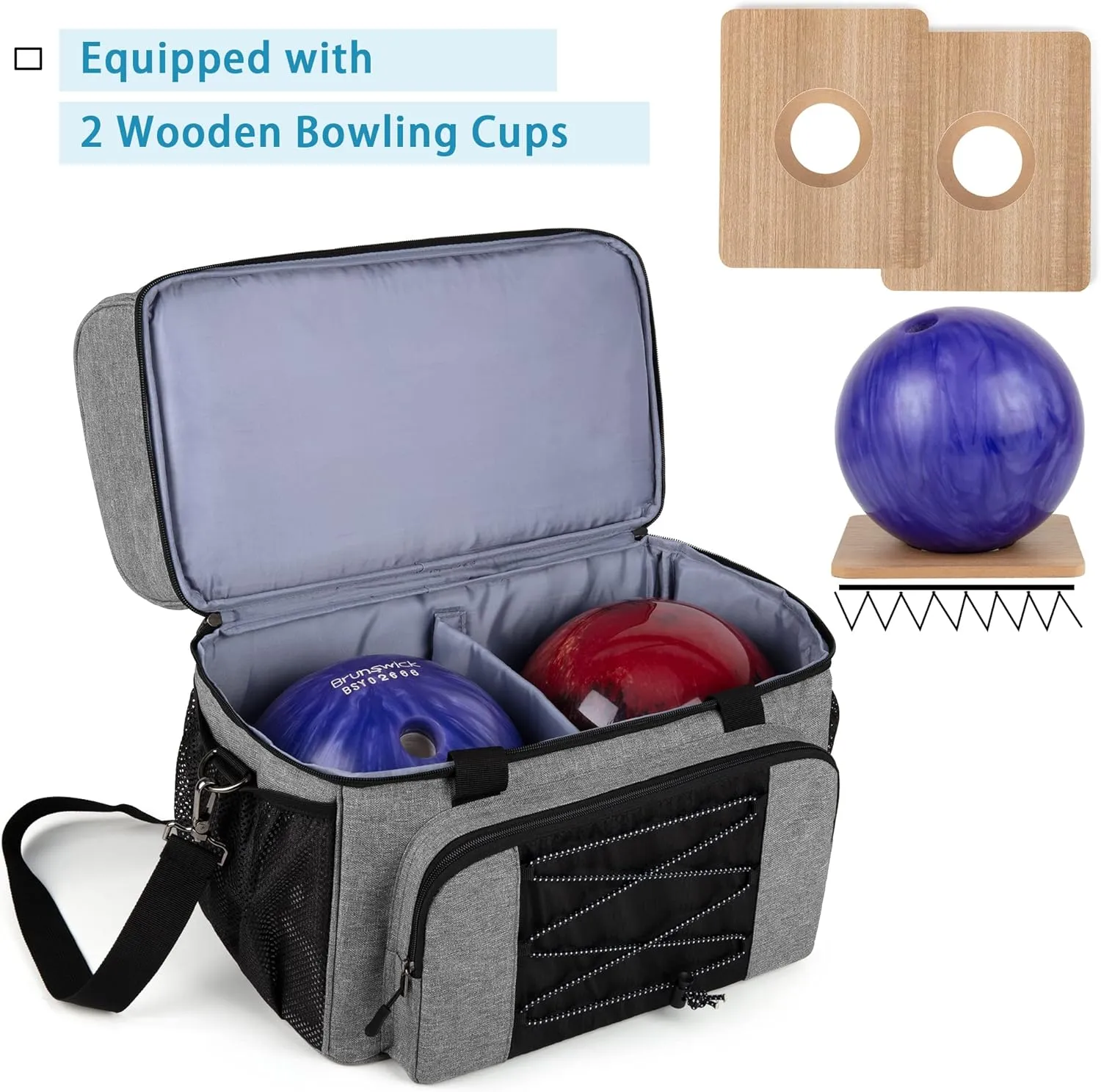 DSLEAF Bowling Bag for 2 Balls, Bowling Tote with Wooden Bowling Cups and Padded Divider for Double Ball and A Pair of Bowling Shoes Up to Mens 16 and Extra Essentials (Patent Design), Bag Only