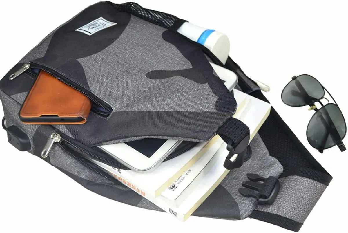 d'yallee 15.4" Sling Bag for Men Crossbody Shoulder Chest Bags Nylon for Travel Gym Sport Hiking with USB Charger Port 