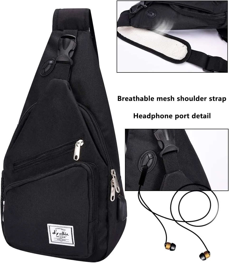 d'yallee 15.4" Sling Bag for Men Crossbody Shoulder Chest Bags Nylon for Travel Gym Sport Hiking with USB Charger Port 