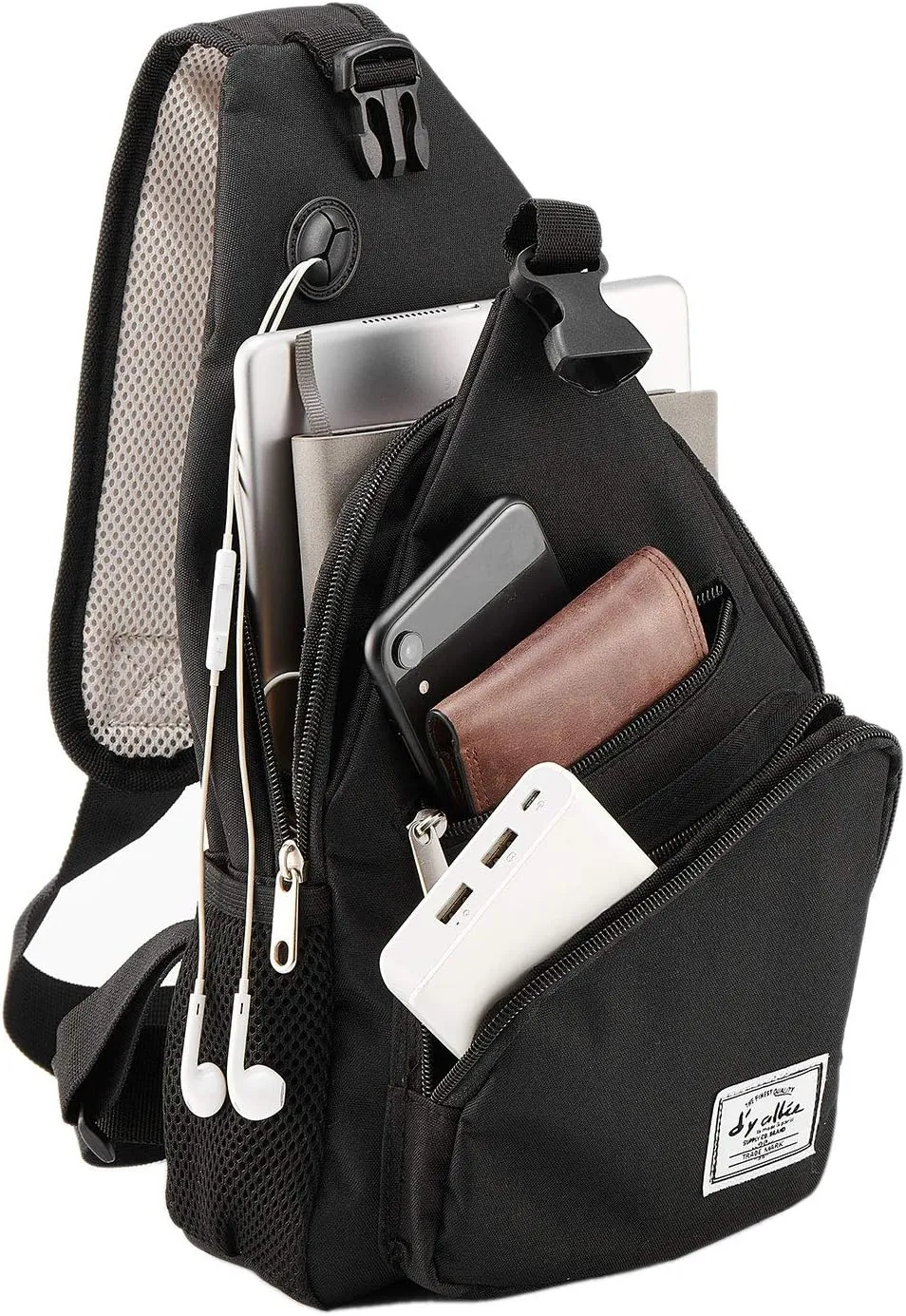 d'yallee 15.4" Sling Bag for Men Crossbody Shoulder Chest Bags Nylon for Travel Gym Sport Hiking with USB Charger Port 