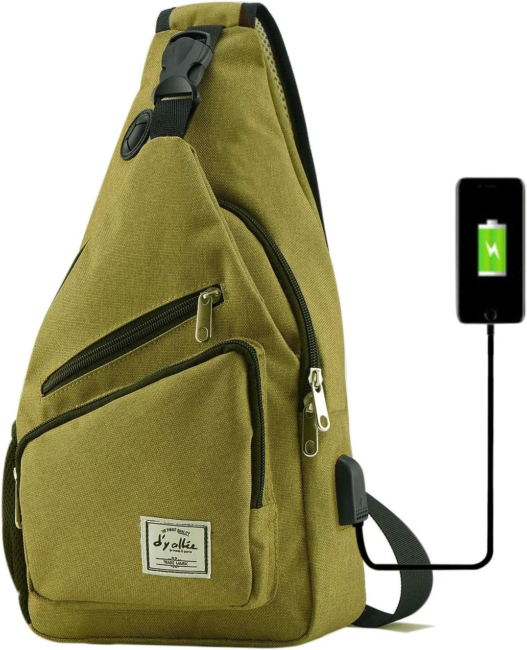 d'yallee 15.4" Sling Bag for Men Crossbody Shoulder Chest Bags Nylon for Travel Gym Sport Hiking with USB Charger Port 