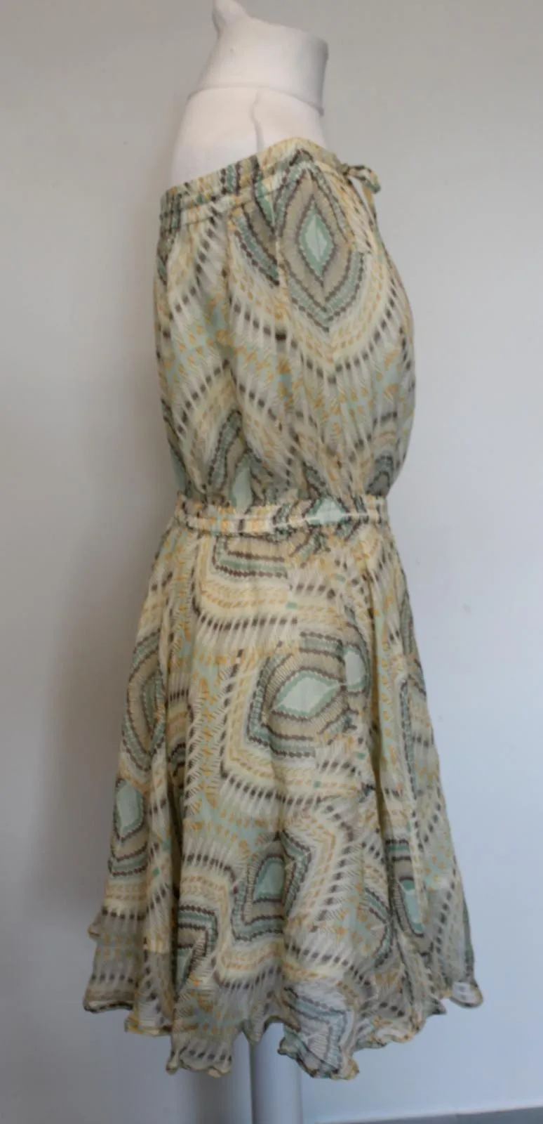 FRENCH CONNECTION Ladies Pale Yellow Multi Off Shoulder Printed Silk Dress UK4