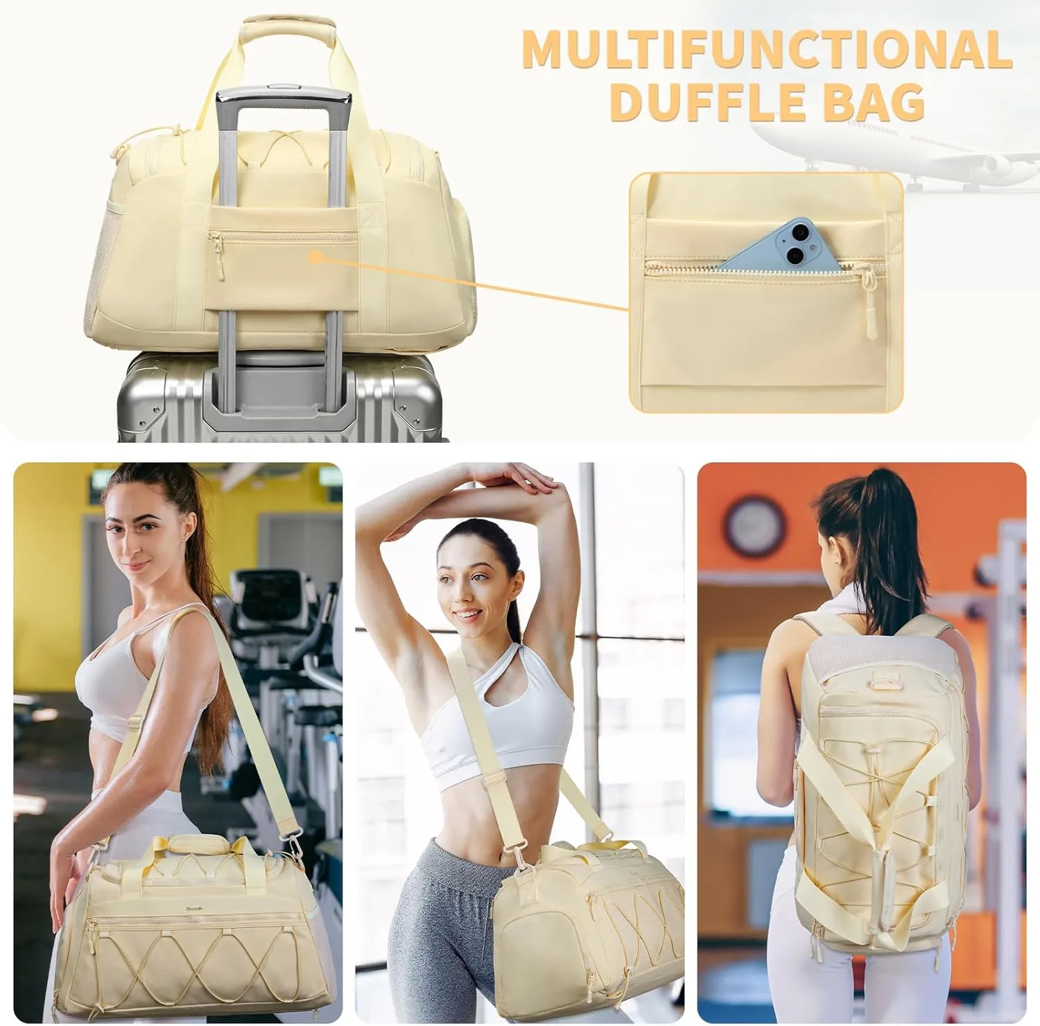 Gym Bag for Women, 40L Sports Duffel with Shoe Compartment, Carry-On Weekender Overnight Bag, Personal Item Travel Workout Tote Yellow