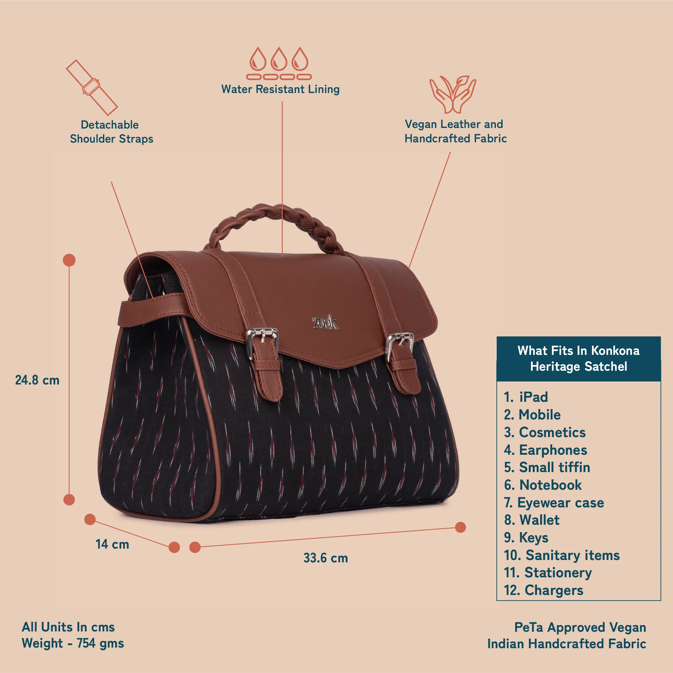 Konkona Heritage Satchel Bag - Ikat GreRed