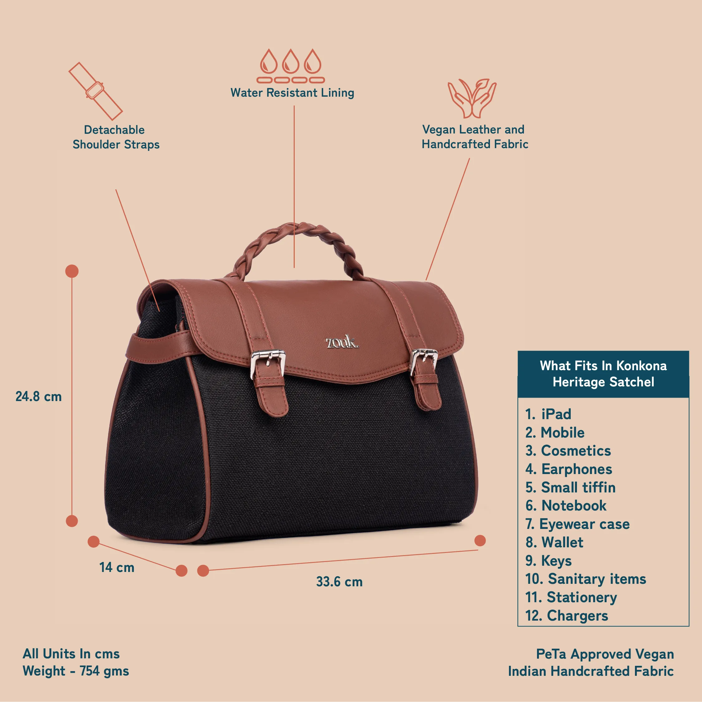 Konkona Heritage Satchel Bag - Jet Black