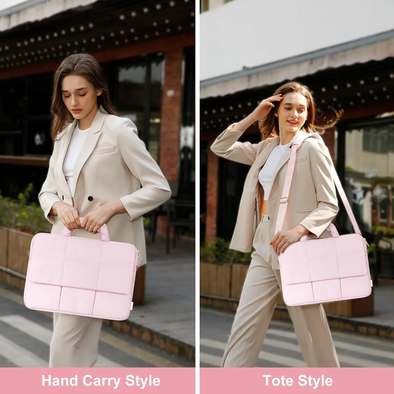 MOSISO Laptop Shoulder Bag, 15-15.6 inch Computer Bag Compatible with MacBook Pro 16 inch, HP, Dell, Lenovo, Asus Notebook, Rectangle Quilted Flapover Sleeve with Front Zipper & 3 Open Pockets, Pink