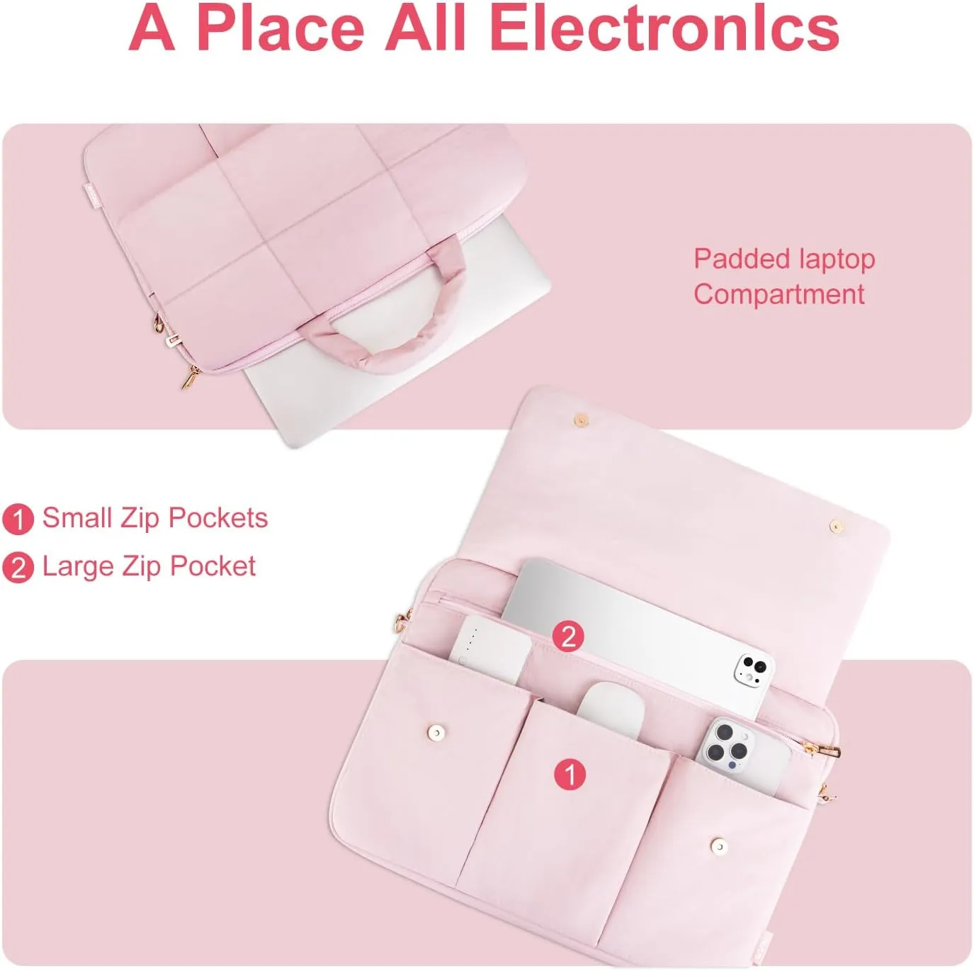 MOSISO Laptop Shoulder Bag, 15-15.6 inch Computer Bag Compatible with MacBook Pro 16 inch, HP, Dell, Lenovo, Asus Notebook, Rectangle Quilted Flapover Sleeve with Front Zipper & 3 Open Pockets, Pink
