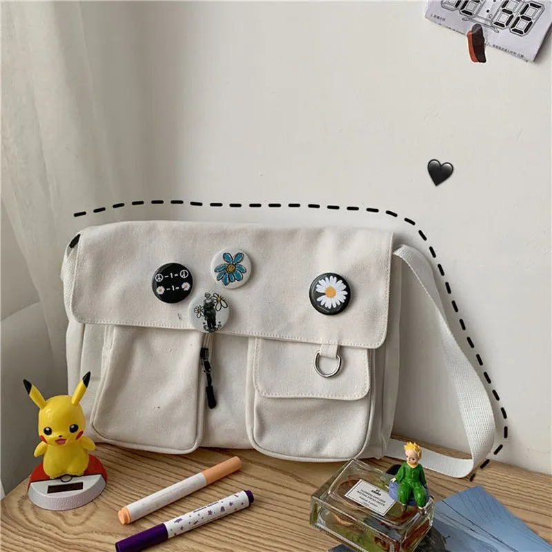 Multi-functional Canvas Crossbody Messenger Bags with Daisy Flower Badges