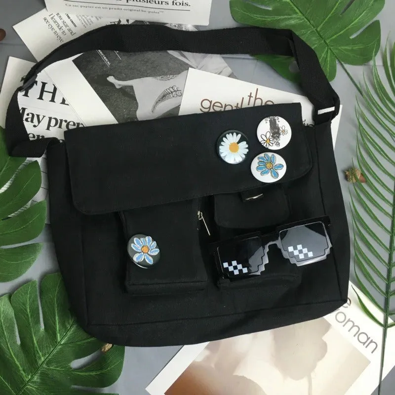 Multi-functional Canvas Crossbody Messenger Bags with Daisy Flower Badges