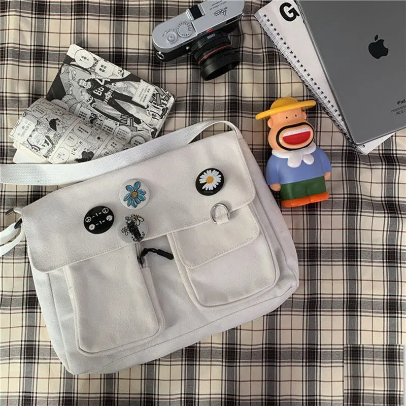 Multi-functional Canvas Crossbody Messenger Bags with Daisy Flower Badges
