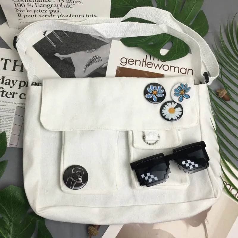 Multi-functional Canvas Crossbody Messenger Bags with Daisy Flower Badges