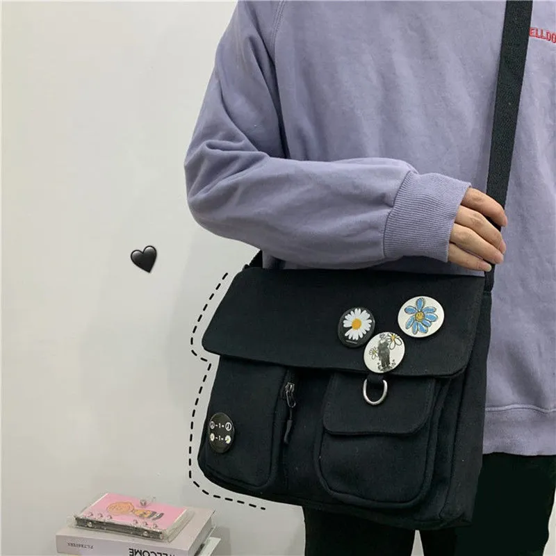 Multi-functional Canvas Crossbody Messenger Bags with Daisy Flower Badges