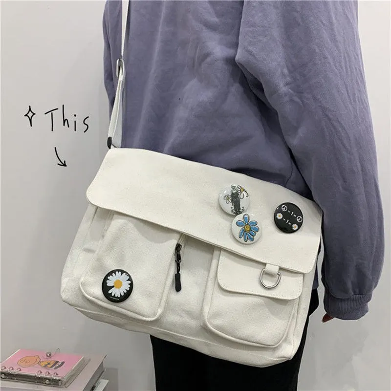 Multi-functional Canvas Crossbody Messenger Bags with Daisy Flower Badges