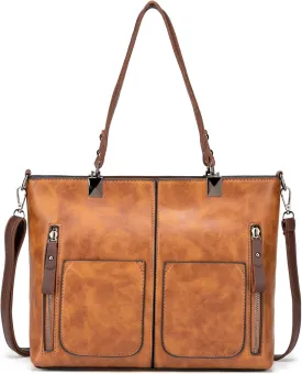 myfriday Vintage Leather Tote Bags for Women Large Capacity Zipper Top-handle Bag Ladies Satchel Bag Shoulder Handbag Purse