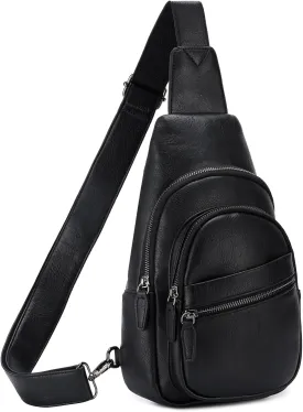 RAVUO Sling Bag, PU Leather Crossbody Backpack for Women Men Casual Hiking Daypack Multipurpose Chest Bag for Work College Black
