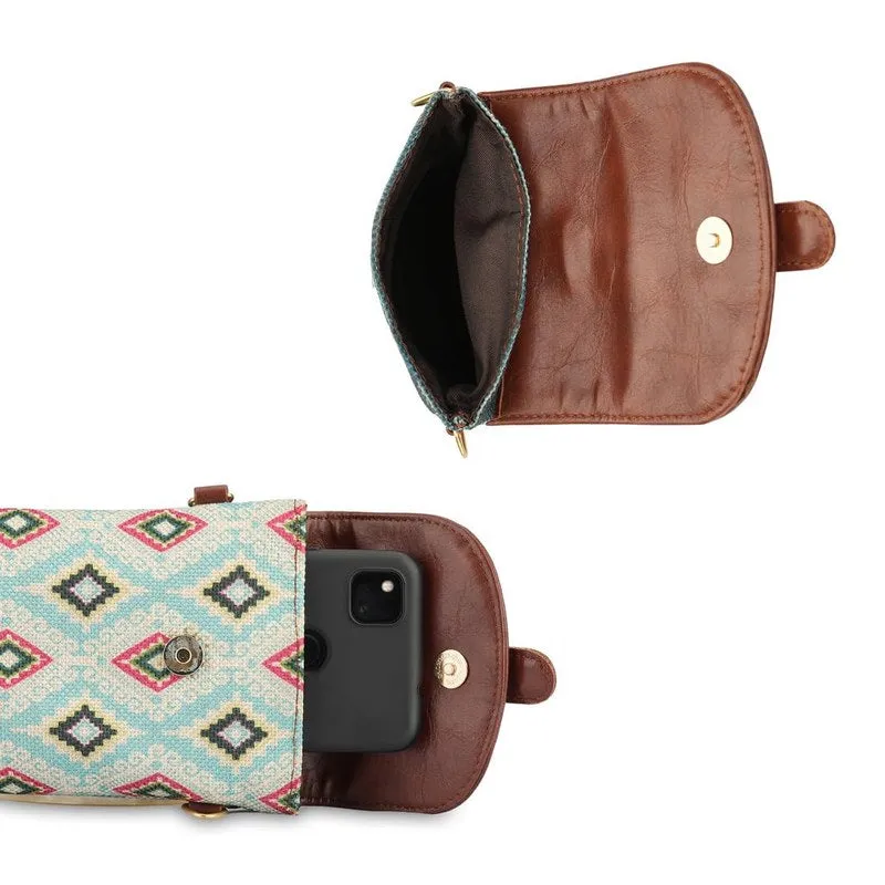 Sling Bag: Mobile Pouch with Faux Leather & Handicraft Fabric | Adjustable Strap | 0.3 L | Sky Blue-Diamond