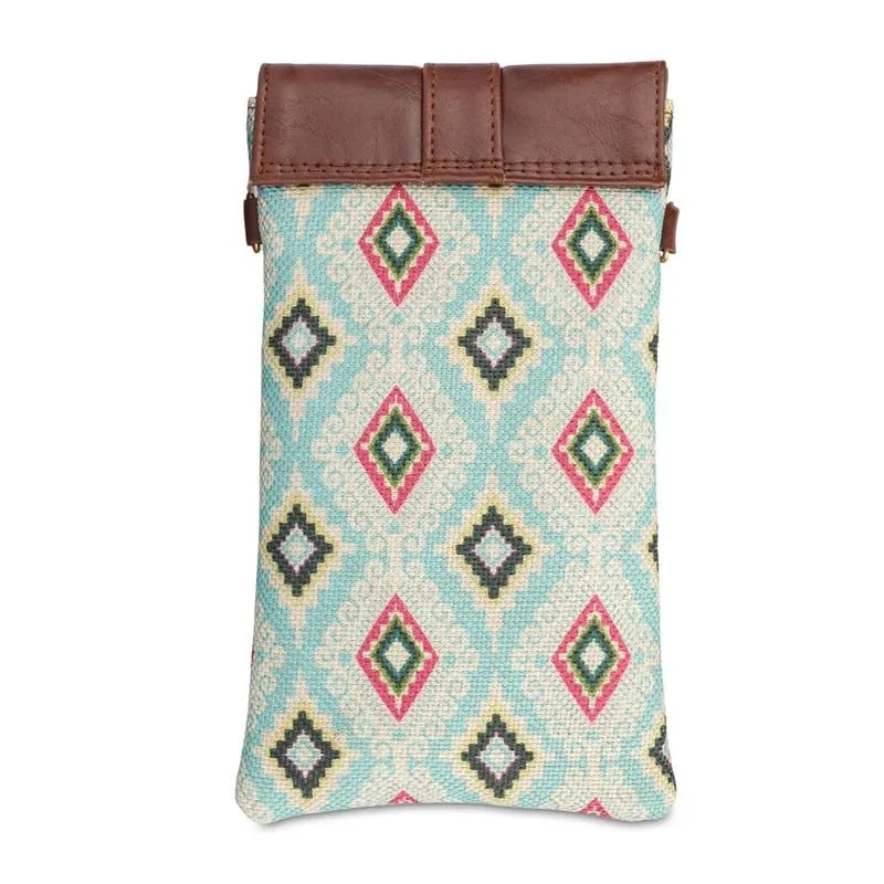 Sling Bag: Mobile Pouch with Faux Leather & Handicraft Fabric | Adjustable Strap | 0.3 L | Sky Blue-Diamond
