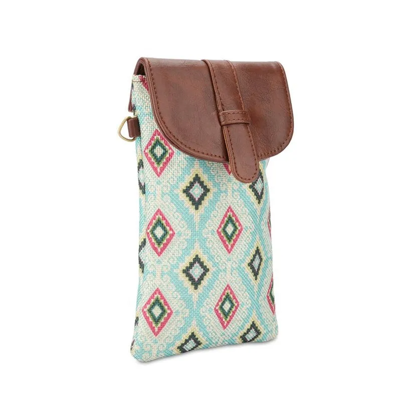 Sling Bag: Mobile Pouch with Faux Leather & Handicraft Fabric | Adjustable Strap | 0.3 L | Sky Blue-Diamond