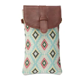 Sling Bag: Mobile Pouch with Faux Leather & Handicraft Fabric | Adjustable Strap | 0.3 L | Sky Blue-Diamond