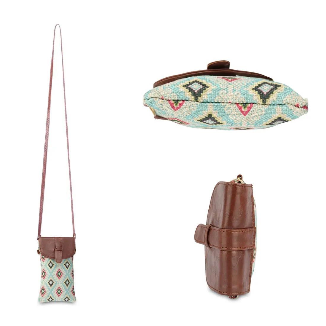 Sling Bag: Mobile Pouch with Faux Leather & Handicraft Fabric | Adjustable Strap | 0.3 L | Sky Blue-Diamond