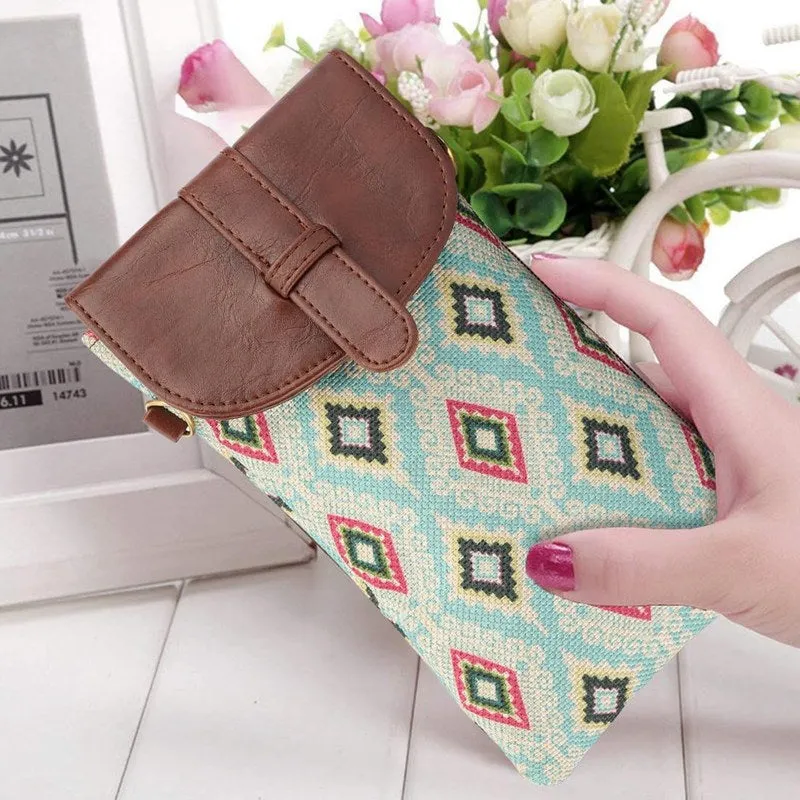 Sling Bag: Mobile Pouch with Faux Leather & Handicraft Fabric | Adjustable Strap | 0.3 L | Sky Blue-Diamond