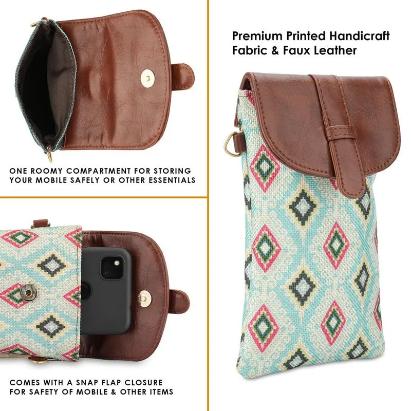 Sling Bag: Mobile Pouch with Faux Leather & Handicraft Fabric | Adjustable Strap | 0.3 L | Sky Blue-Diamond