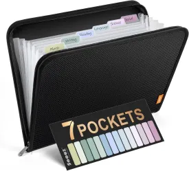 Sooez 7 Pockets Accordion File Organizer, Zipper Expanding File Folder, Heavy Duty Folder Organizer, Sleek Letter Size Accordion Folder, Portable Expandable File Folder for Documents, Black