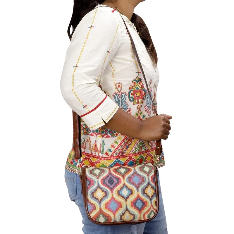 THE CLOWNFISH Garnet Series Printed Handicraft Fabric & Tapestry Crossbody Sling Bag for Women Ladies Single Shoulder Bag Shoulder Belt (Multicolour-Floral)