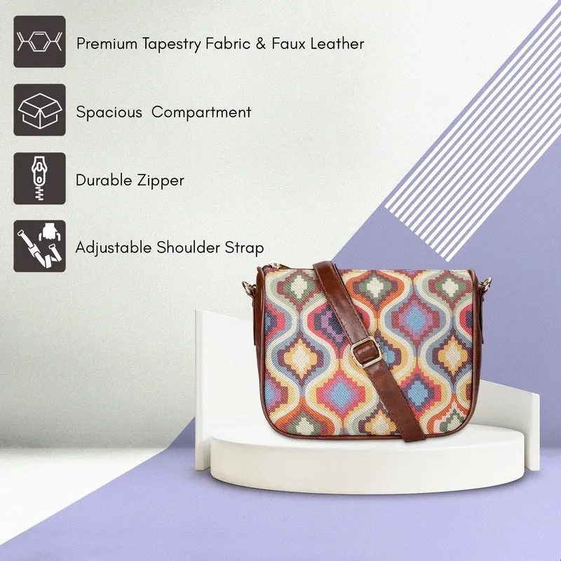 THE CLOWNFISH Garnet Series Printed Handicraft Fabric & Tapestry Crossbody Sling Bag for Women Ladies Single Shoulder Bag Shoulder Belt (Multicolour-Floral)